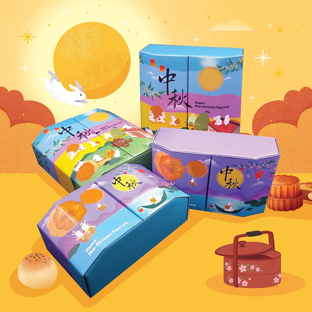 Colourful Mid-Autumn mooncake gift boxes printed by Box One