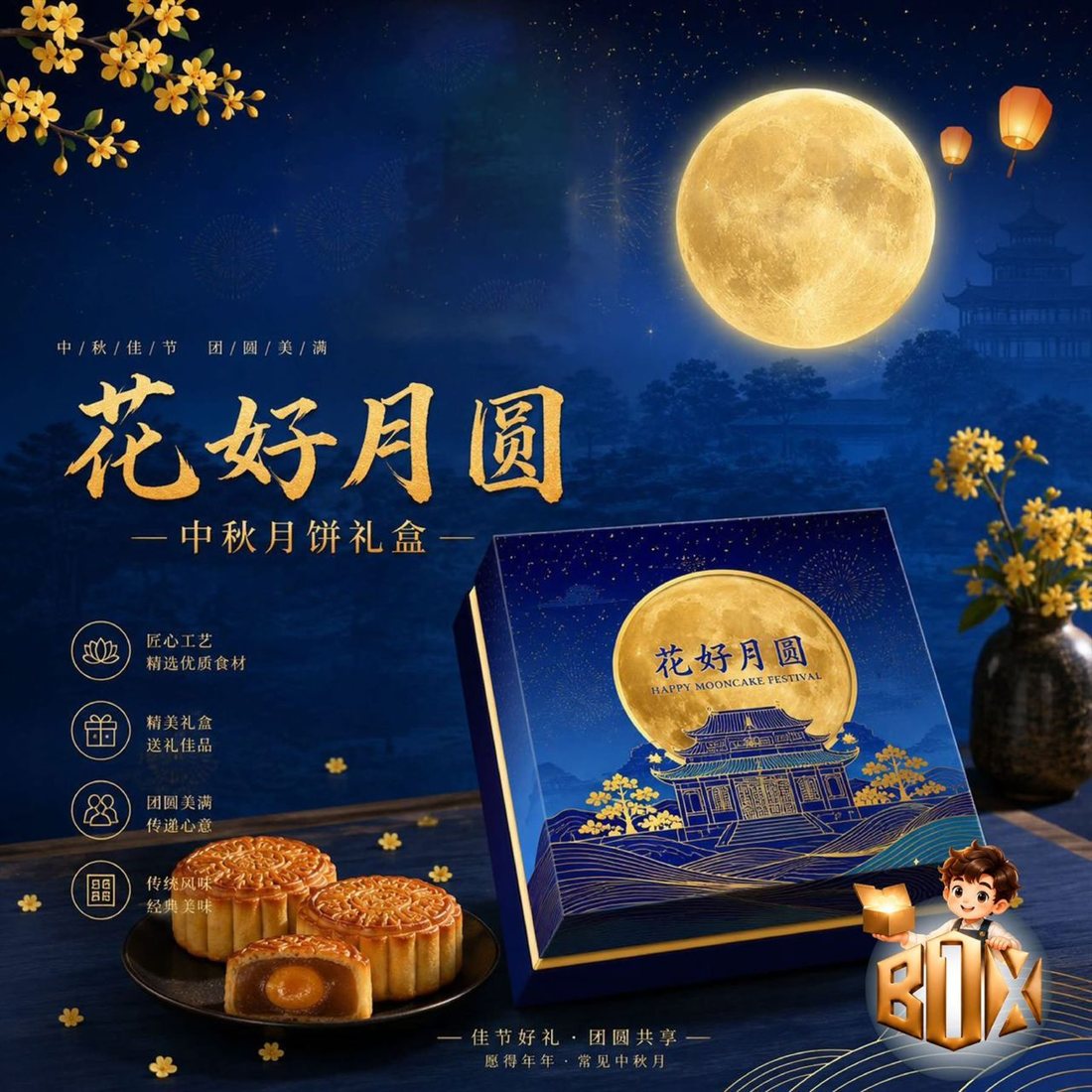 Hua Hao Yue Yuan blue Mid-Autumn mooncake gift box design by Box One